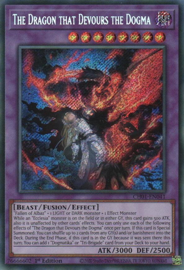 The Dragon that Devours the Dogma Secret Rare CH01-EN041 (THE CHRONICLES DECK: The Fallen & The Virtuous (All-Foil Edition))  - 1st Edition