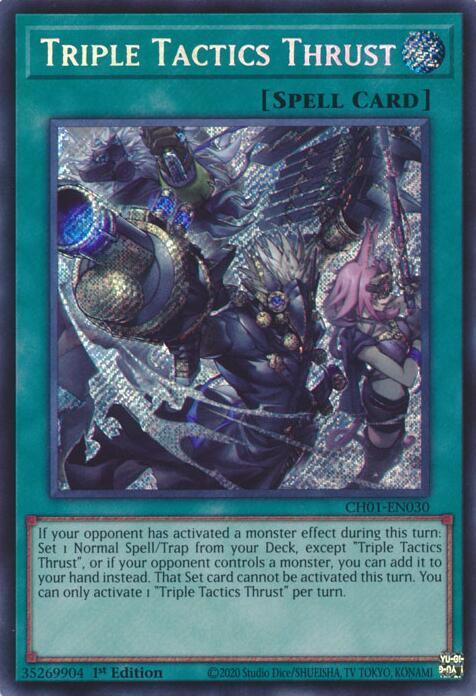 Triple Tactics Thrust Secret Rare CH01-EN030 (THE CHRONICLES DECK: The Fallen & The Virtuous (All-Foil Edition))  - 1st Edition