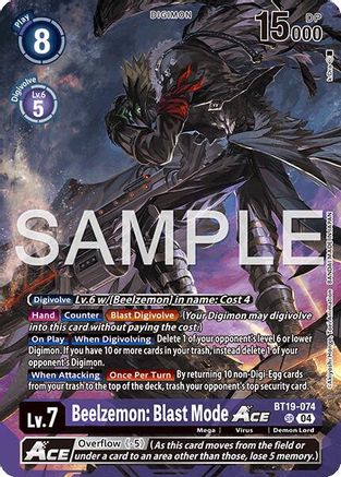 Beelzemon: Blast Mode ACE (BT19-074) Foil Super Rare - Limited Card Pack -Billion Bullet-