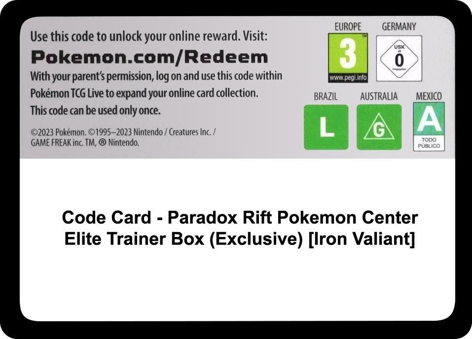 Code Card Paradox Rift Pokemon Center Elite Trainer Box Exclusive Iron Valiant  (SV04: Paradox Rift) 