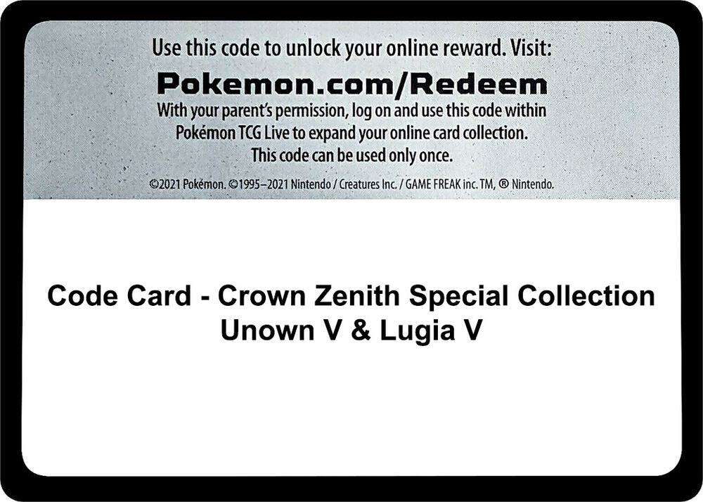 Code Card Crown Zenith Special Collection Unown V and Lugia V  (Crown Zenith) 